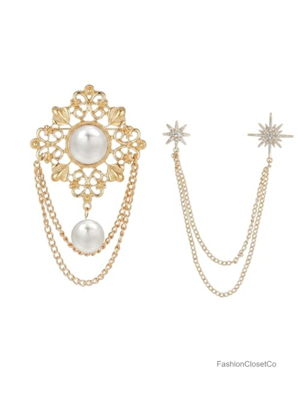 Gold Brooch Pin Set Faux Pearl Star Chain Women Jewelry